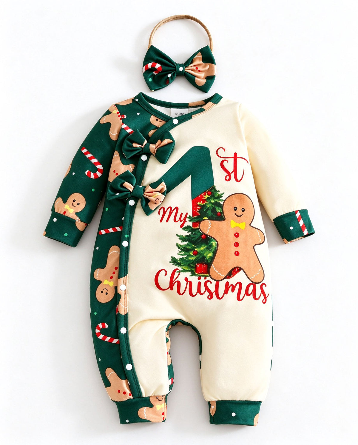 My 1st Christmas Gingerbread Baby Romper with Bow Headband
