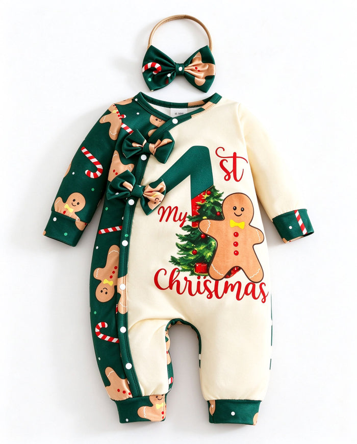 My 1st Christmas Gingerbread Baby Romper with Bow Headband