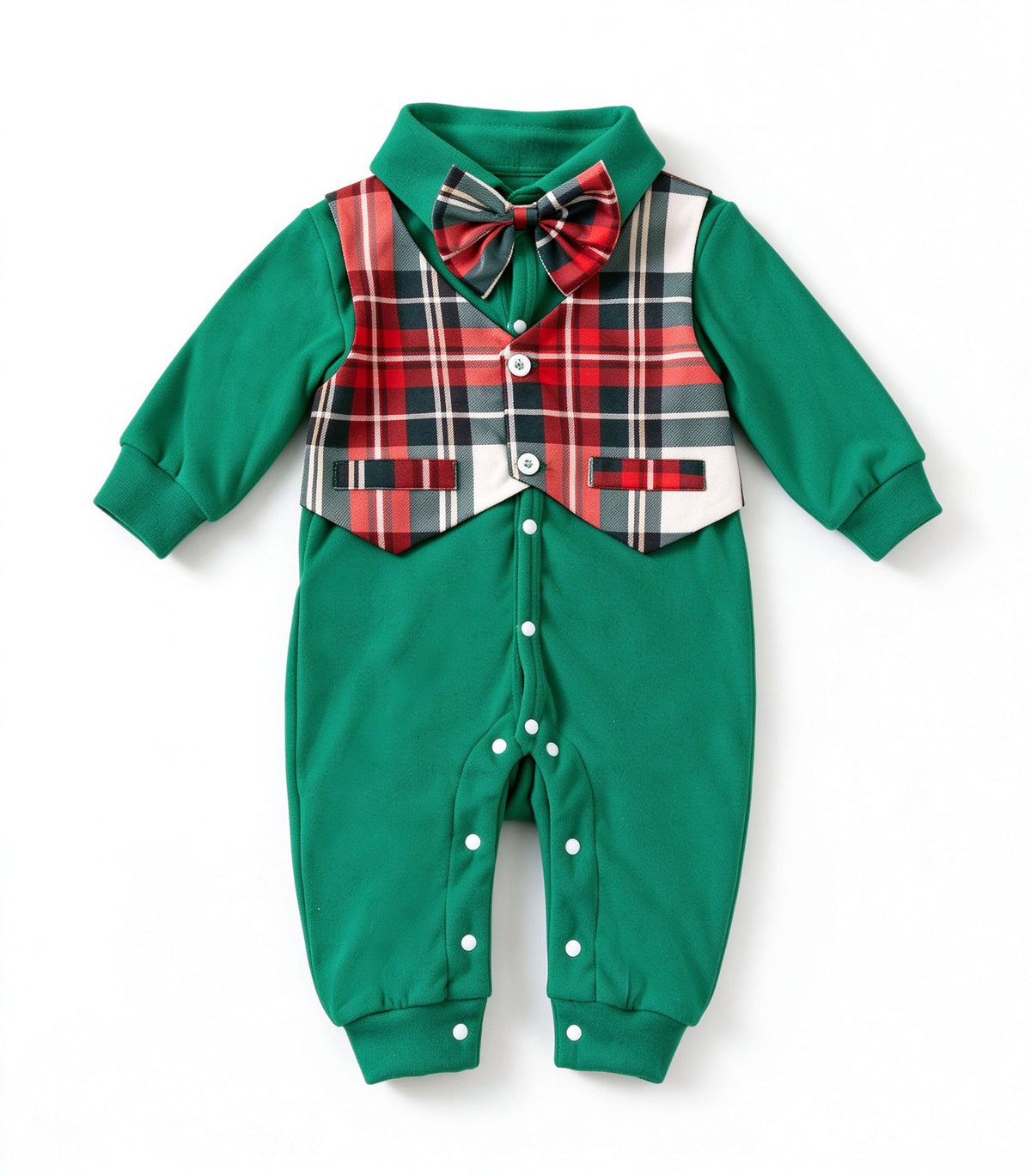 Baby Christmas Plaid Vest Romper with Bow Tie