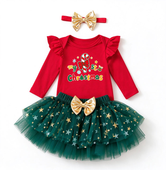 Baby Girl My First Christmas Tutu Skirt Set with Gold Bow Headband