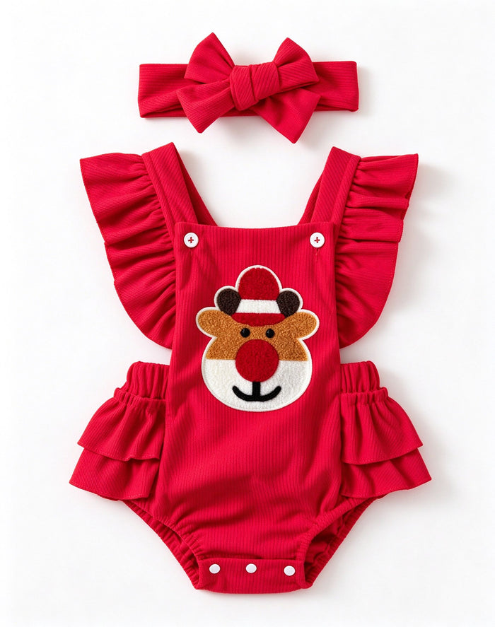 Baby Girl Christmas Reindeer Ruffle Romper with Bow Headband