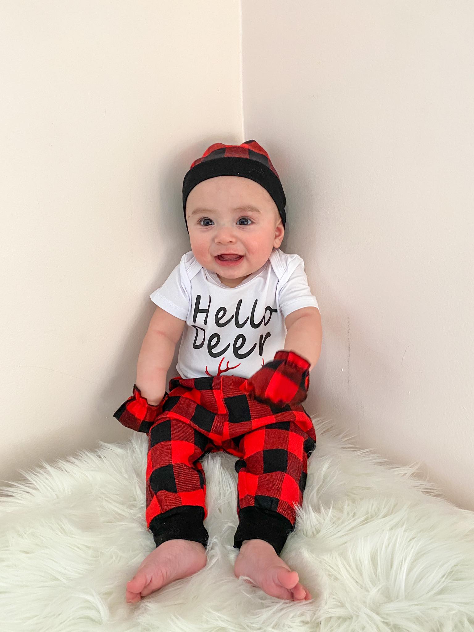 Mommy's New Man Hello Deer Christmas Plaid Pants Set